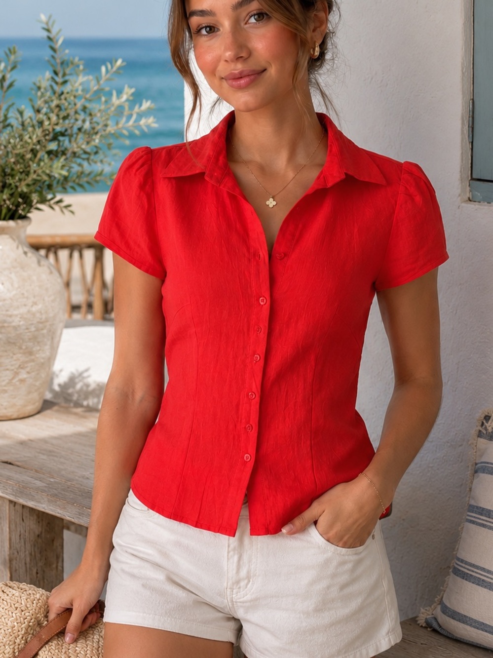 Mandarin Blue 100% Linen Clean Beauty Button Down Short Sleeve Blouse Size S